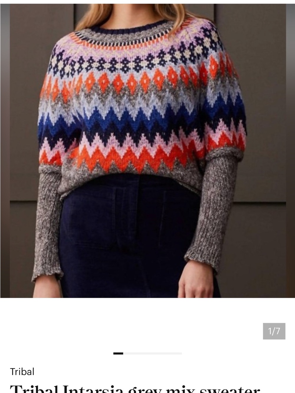 Tribal Multicolor Intarsia Crewneck Sweater - Gray, Navy, Orange, Pink, Purple